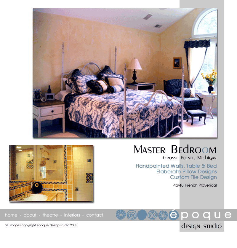 Master Bedroom Design with Handpainted Walls and Bed Frame, Elaborate Pillow Designs and Custom Tile Design in the Master Bath
