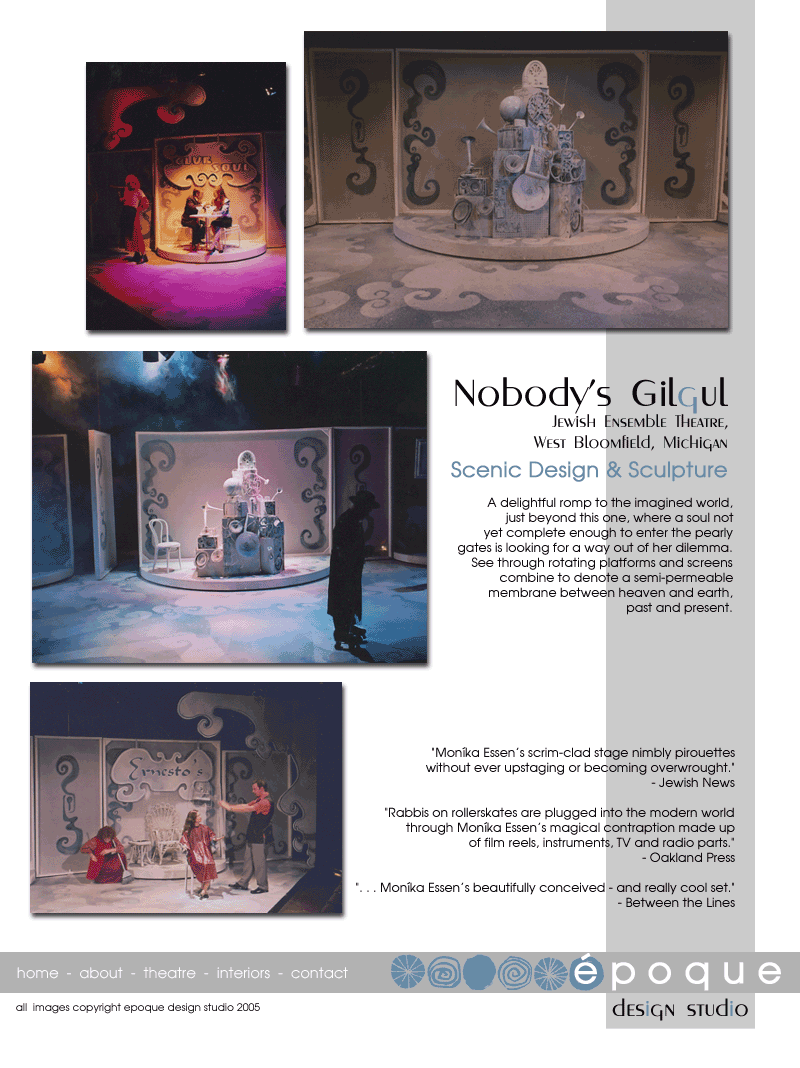 Scenic Design and Sculpure for Nobody's Gilgul with see-through rotating platforms and screens that combine to denote a semi-permiable membrane between heaven and earth, past and present